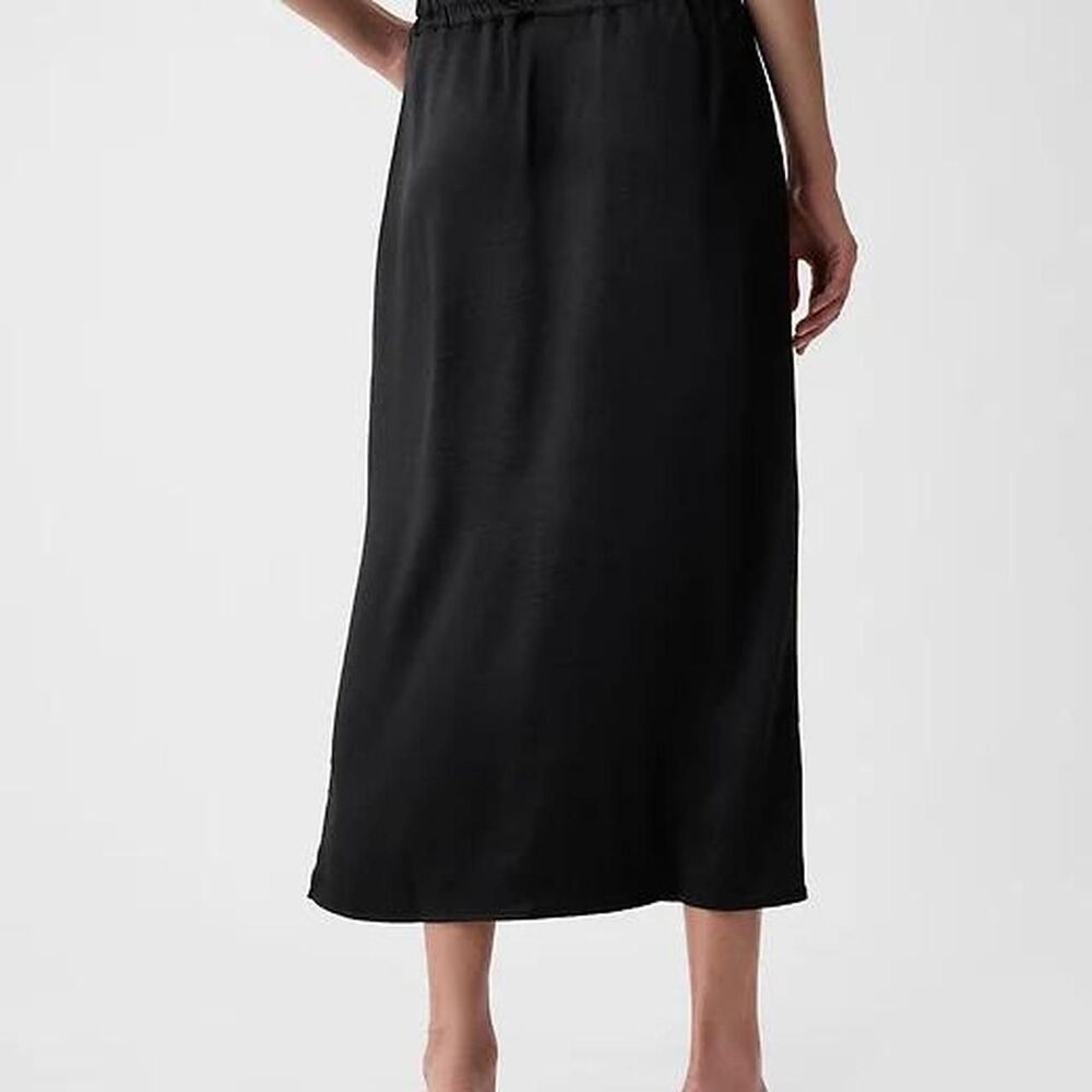 GAP black satin midi skirt waistband side slit Size M